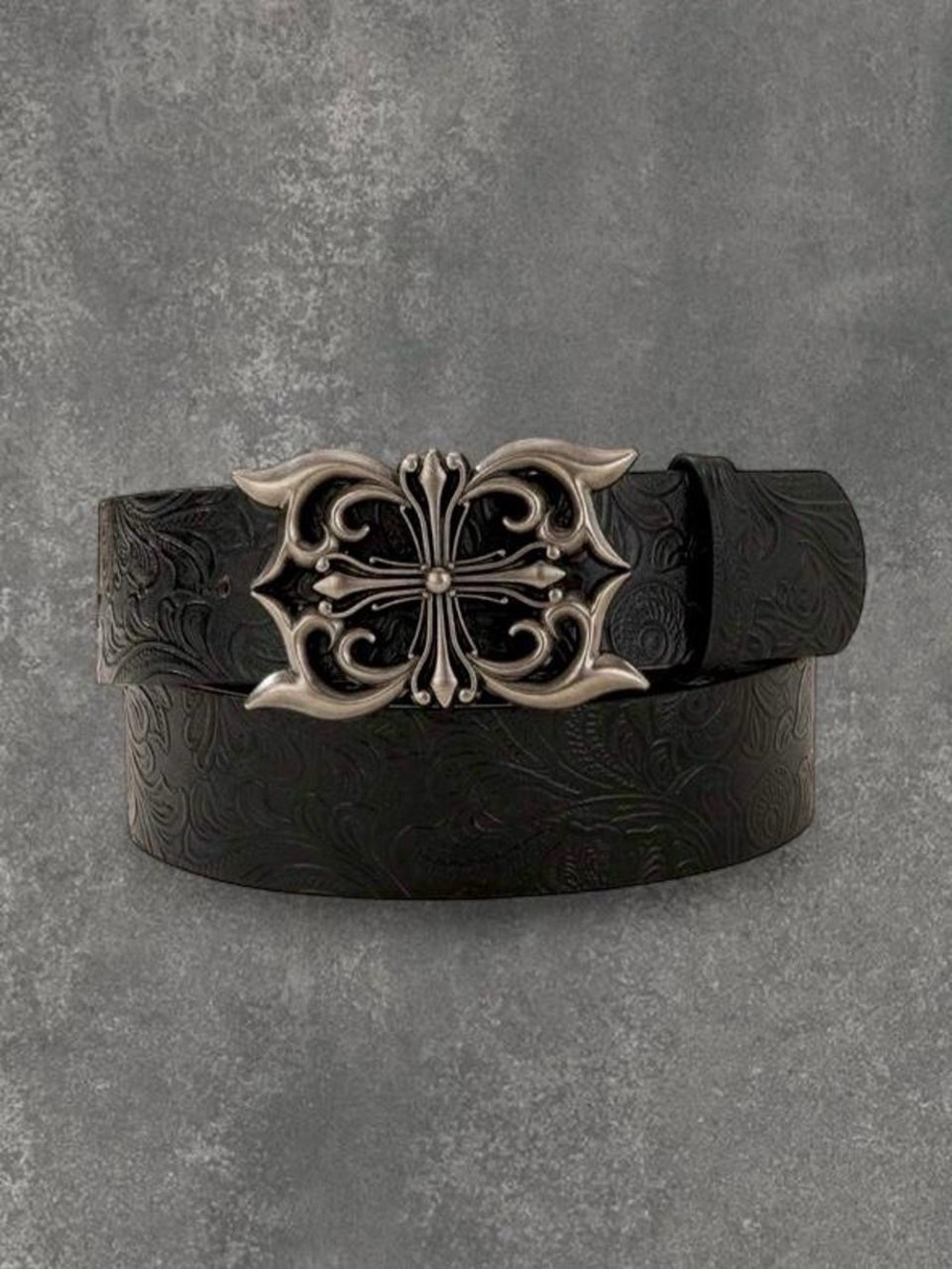Black Embossed Leather Belt with Ornate Silver Buckle